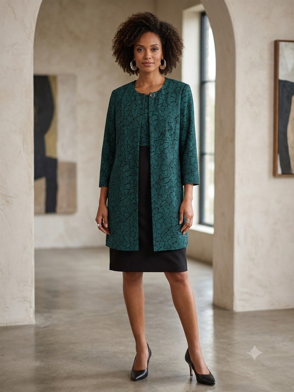 Danny & Nicole Teal Floral Midi Dress and Jacket Set - Teal and Black